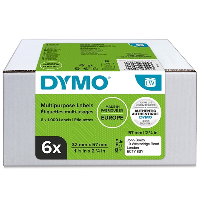 Dymo címke Multi 32 x 57 mm levehető fehér mm, 6 x 1000 db.