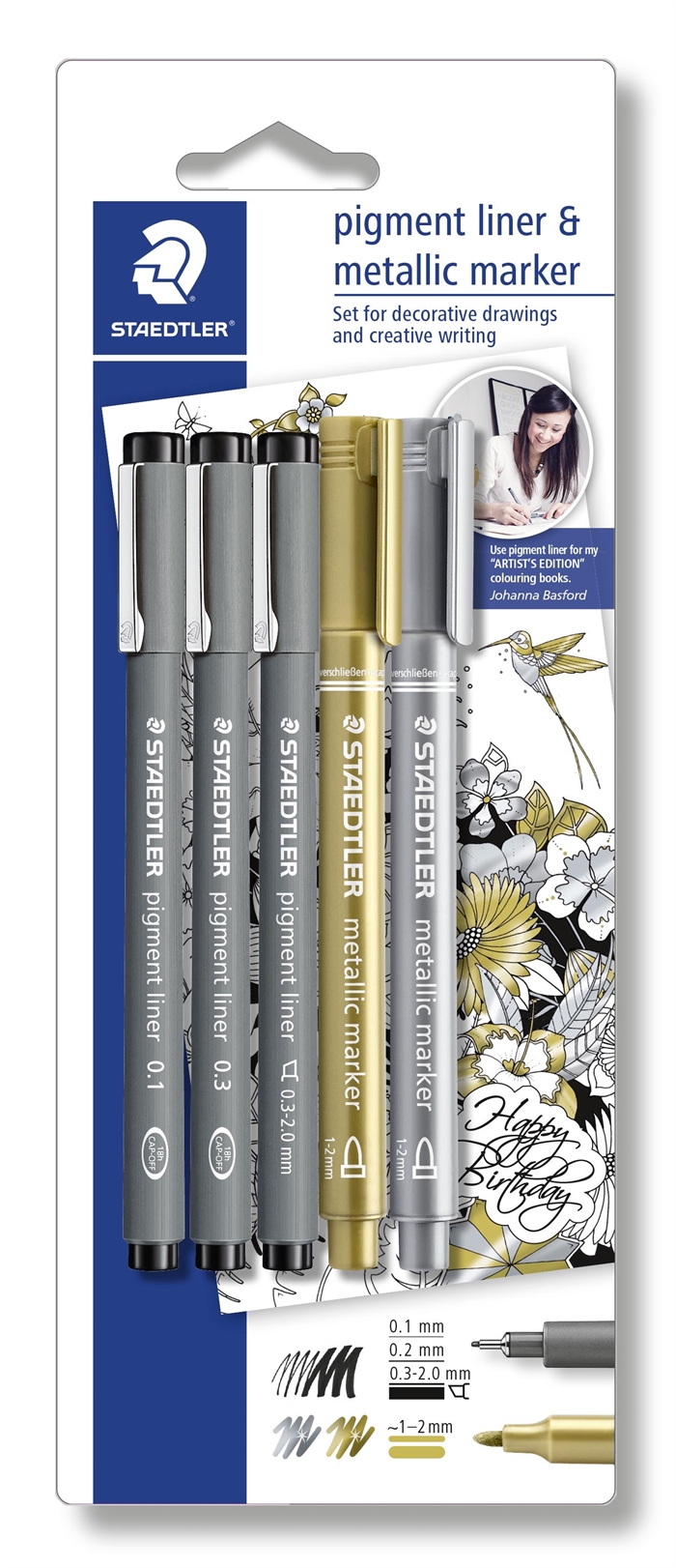 Staedtler Fineliner pigment liner fekete + ezüst és arany (3+2)