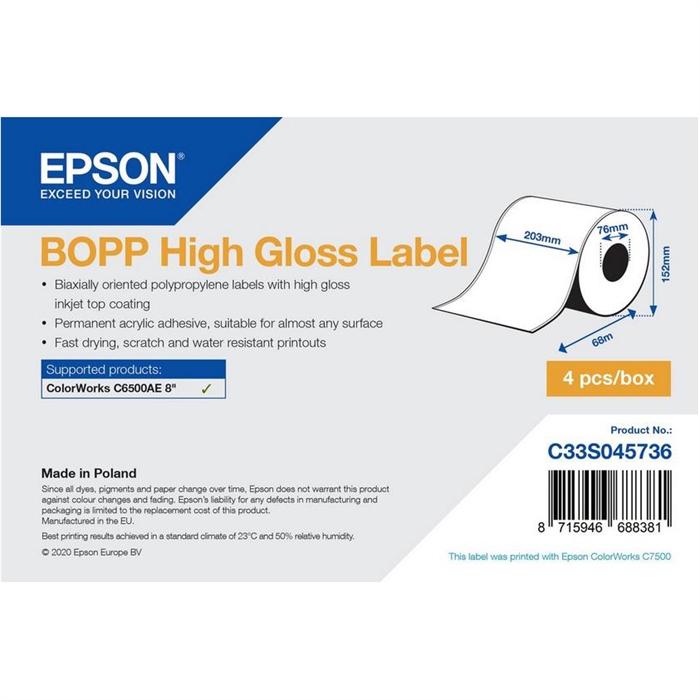 Epson BOPP Nagyfényű Címke - Folyamatos Tekercs: 203mm x 68m