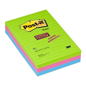 3M Post-it jegyzetlapok, extra tapadós, 102 x 152 mm, vonalas assz. neon - 3 csomag