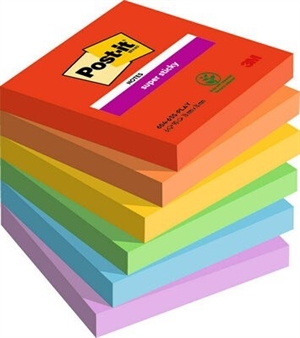 3M Post-it szuper tapadós jegyzettömb 76 x 76 mm, Játékos - 6 darabos csomag