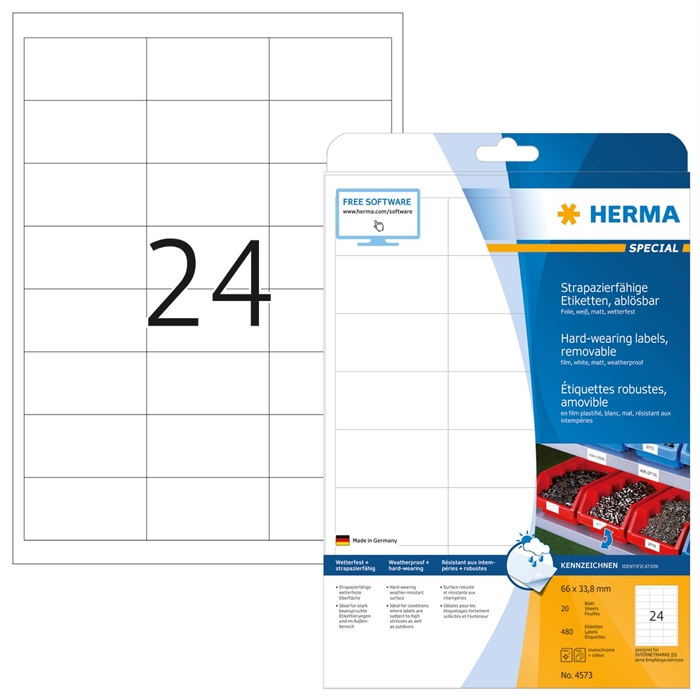 HERMA aftagelige vandafvisende etiketter 66 x 33,8 mm, 480 db.