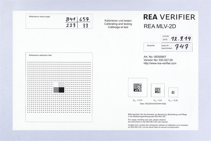 Kalibrációs és beállító kártya DataMatrix és szürke mezők