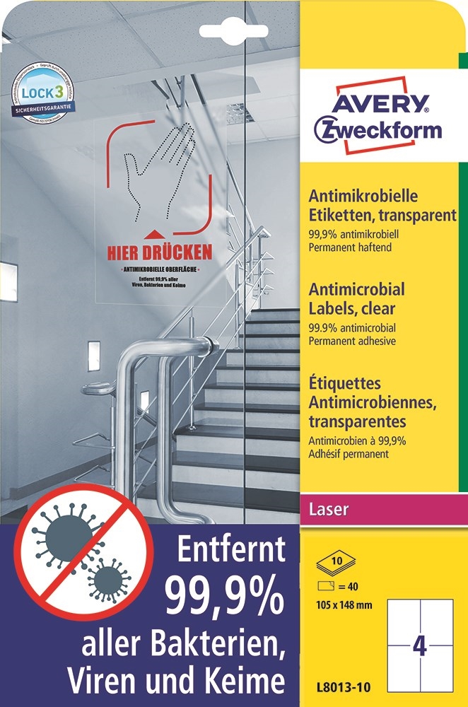 Avery Antimikrobiális címkék 105 x 148 mm átlátszó, 40 db.