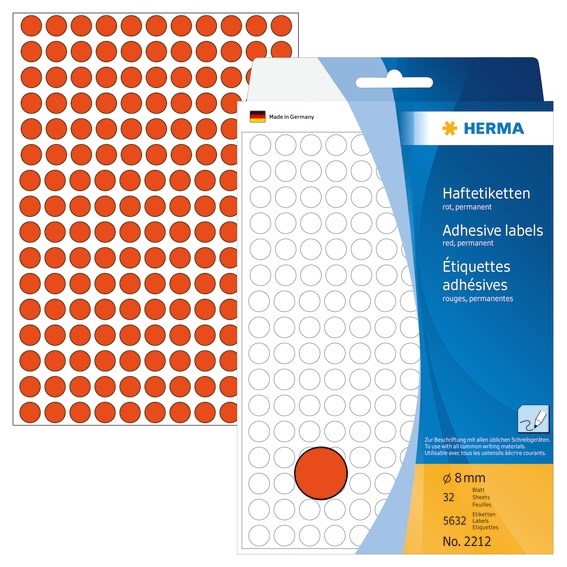 HERMA címkék kézi ø8 mm piros, 5632 db.