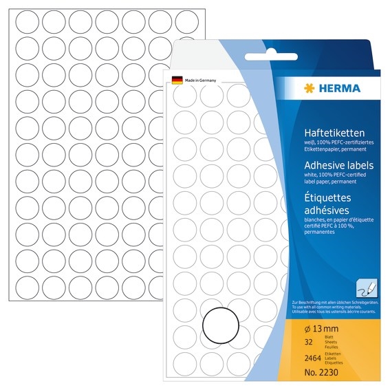 HERMA kézi címke ø13 mm fehér, 2464 db.