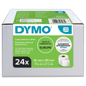 Dymo Címkéző Címek 36 x 89 mm állandó fehér, 24 tekercs, 260 címke/tekercs.