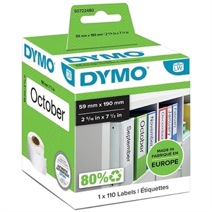 Dymo címkék t/iratrendező 59 x 190 mm fehér mm, 110 db.